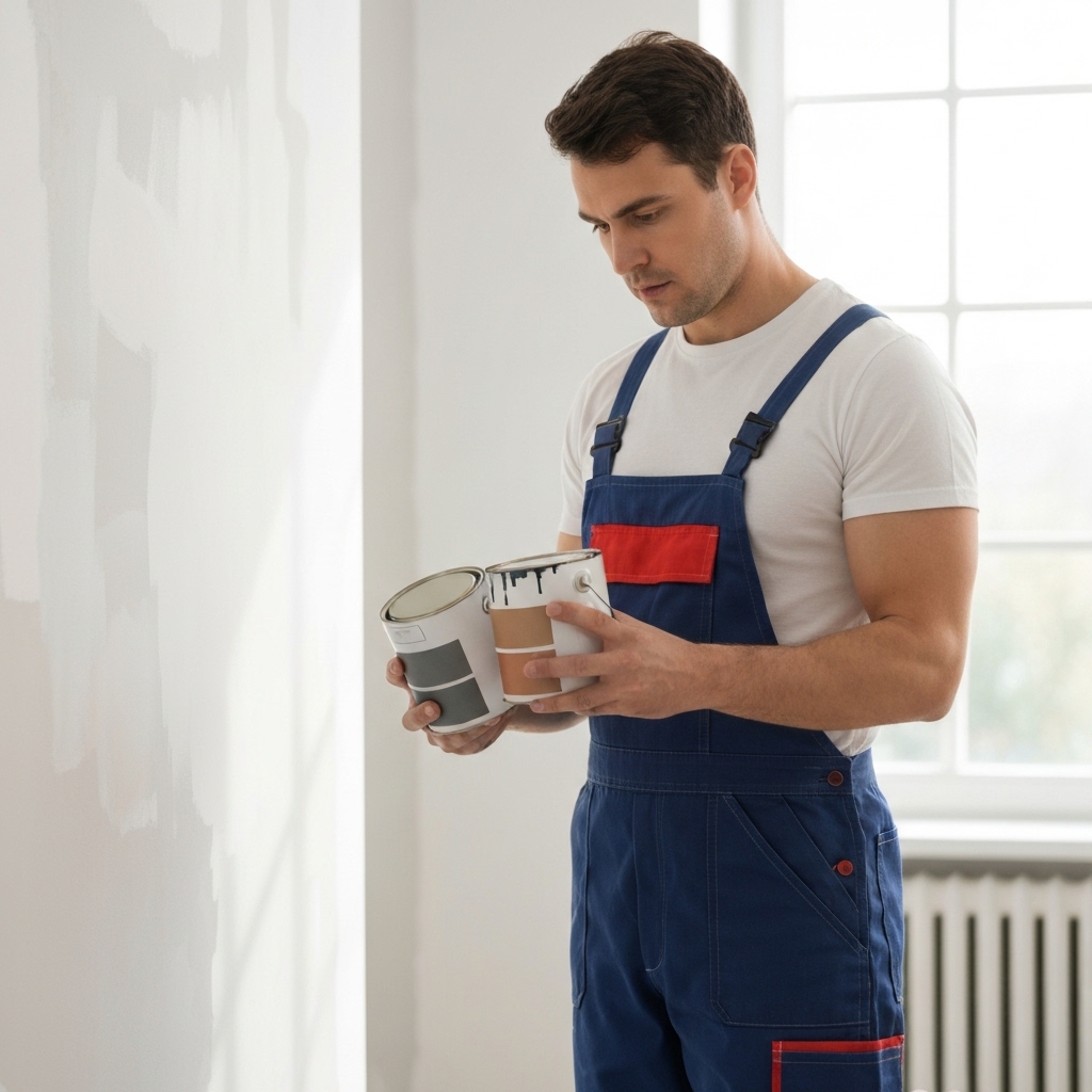 Un peintre professionnel examine deux pots de peinture différents devant un mur à moitié peint, illustrant le choix difficile entre les finitions.