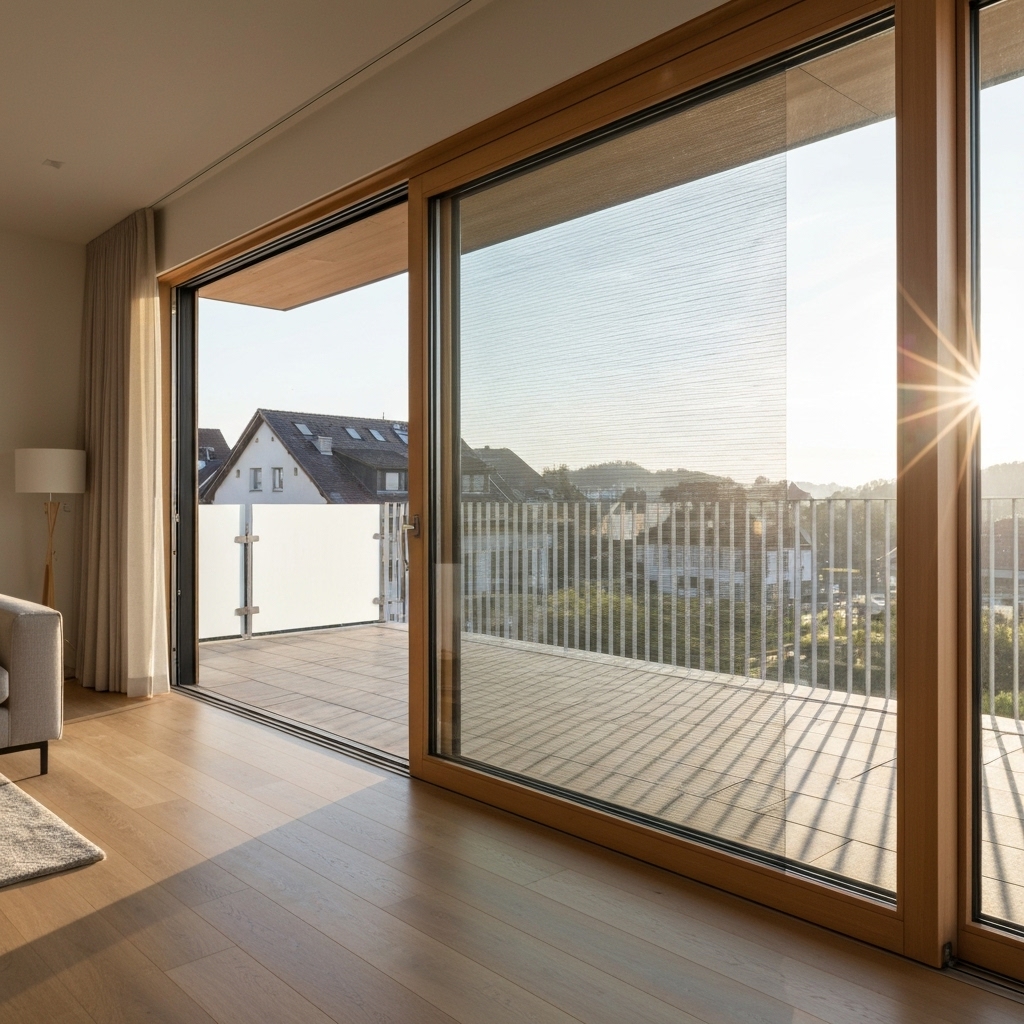 A modern Swiss living room with a large sliding door opening to a terrace, protected by a sleek sliding insect screen, sunlight streaming in without insects