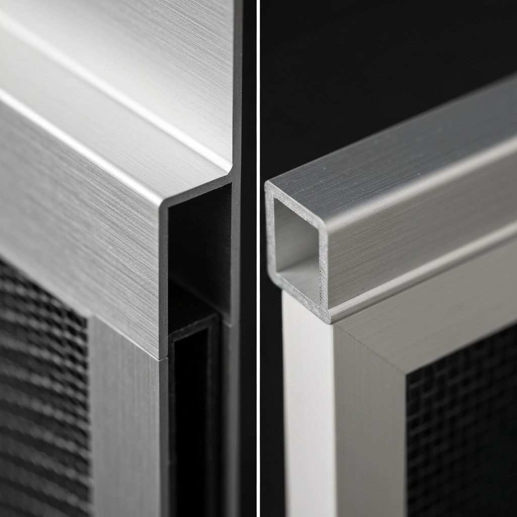 Close up detail of high quality aluminium corner joint on a sliding insect screen compared to a cheap plastic one