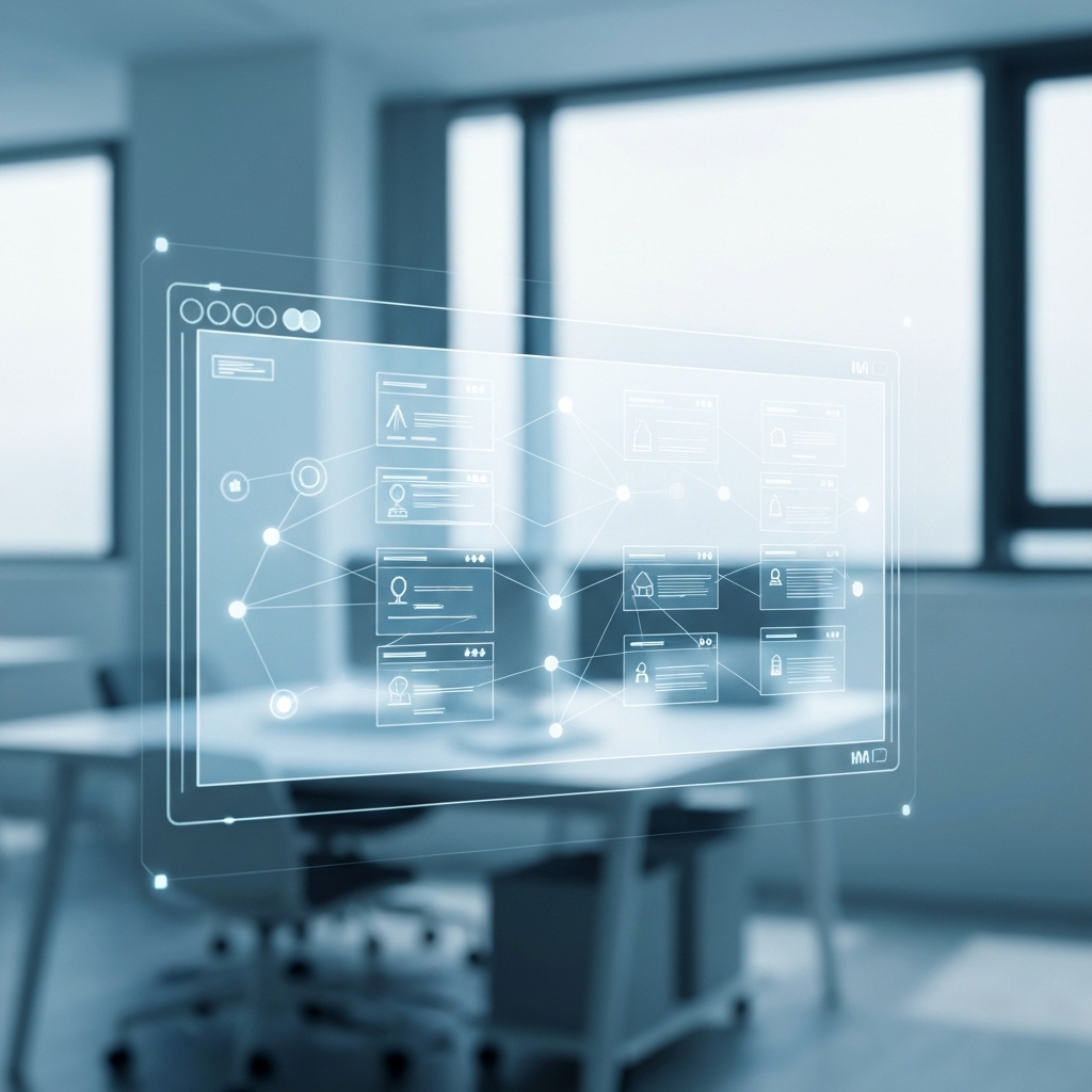 Futuristic digital workspace showing an AI interface building a website structure on a holographic screen