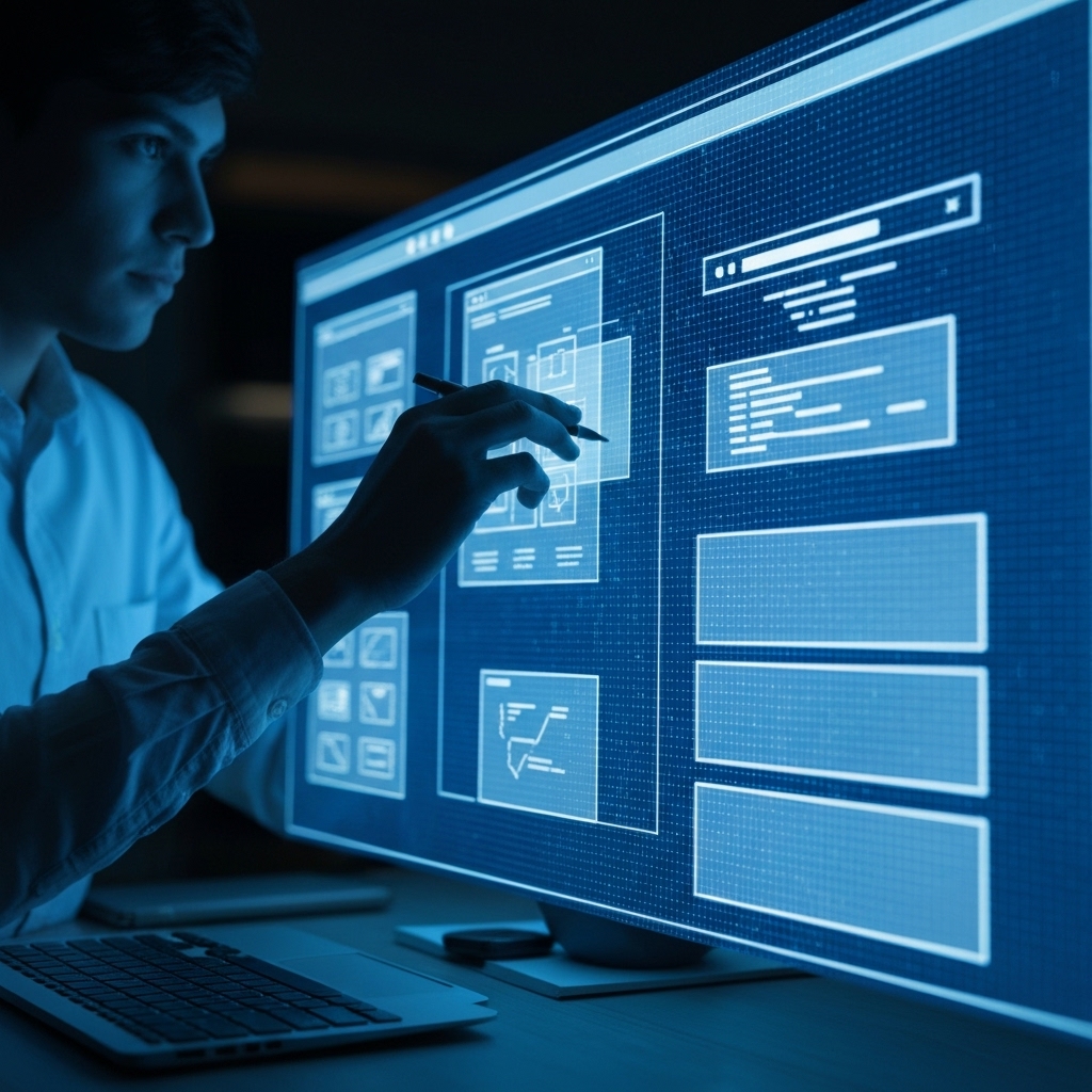 An AI interface glows in a futuristic digital workspace, assembling a website wireframe from digital design elements and code blocks.