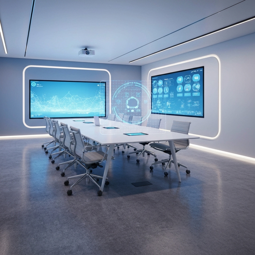 A futuristic digital workspace showing a glowing AI interface constructing a website layout on a screen