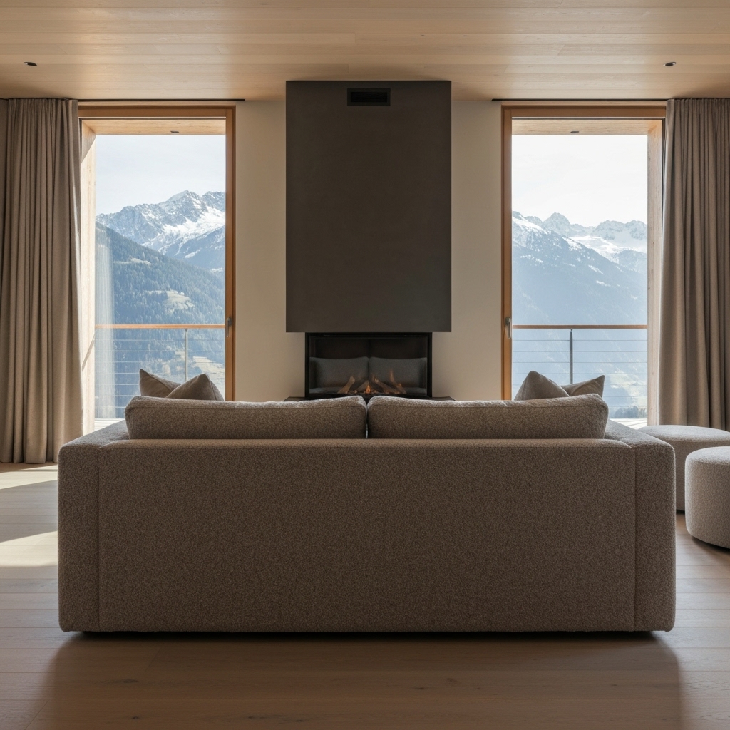 Salon de chalet moderne avec vue sur les montagnes, canapé design en laine bouclée et cheminée minimaliste