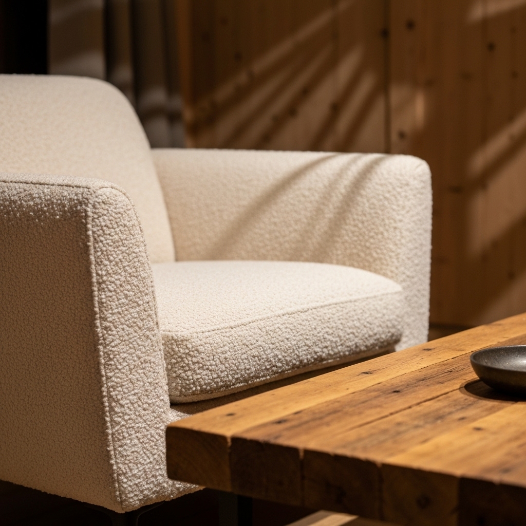 Close up of a modern armchair with boucle fabric next to a wooden coffee table in a chalet setting
