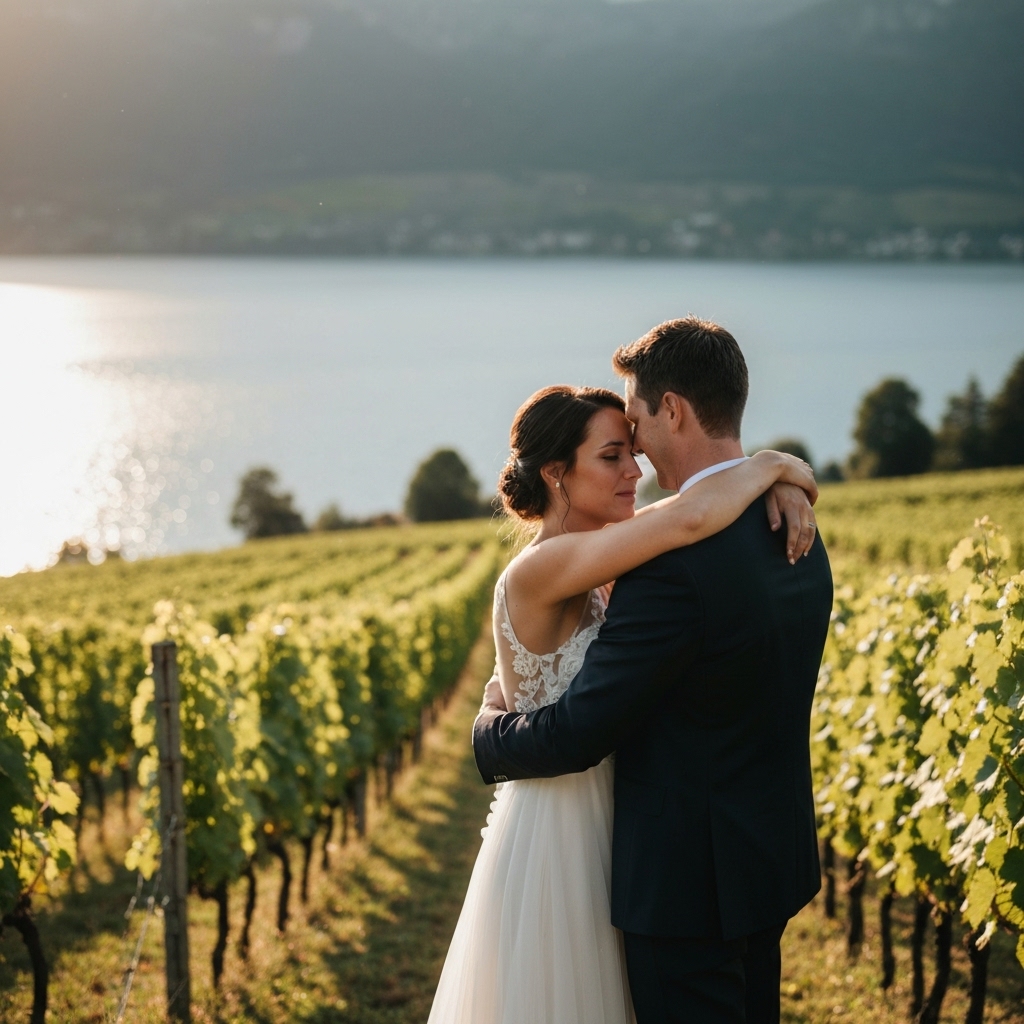 Emotional bride and groom intimate moment in Lavaux vineyards with lake Geneva background