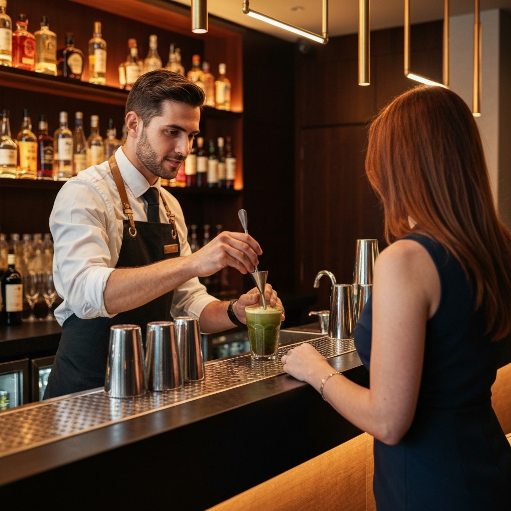 Barman souriant servant un verre de Grano Maté pétillant avec une décoration soignée dans un environnement de bar moderne et lumineux