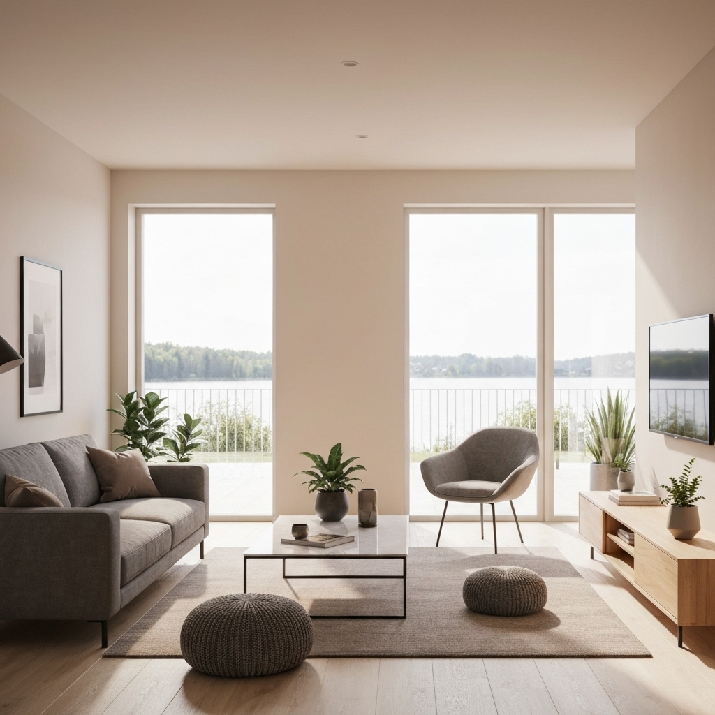 Rénovation lumineuse d'un salon moderne avec vue sur le lac, peinture fraîche et murs lisses