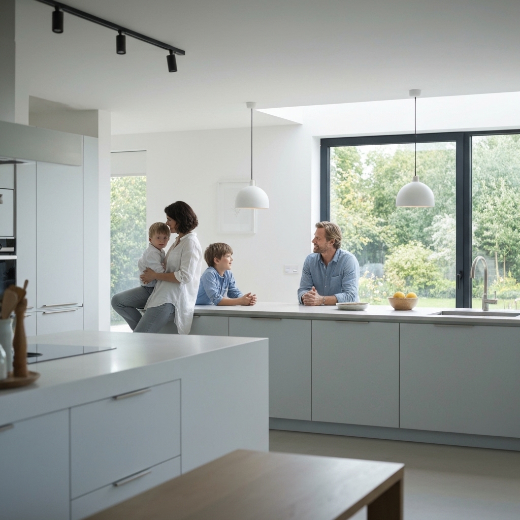 A bright modern living room with large windows, comfortable temperature, family relaxing, high quality photography