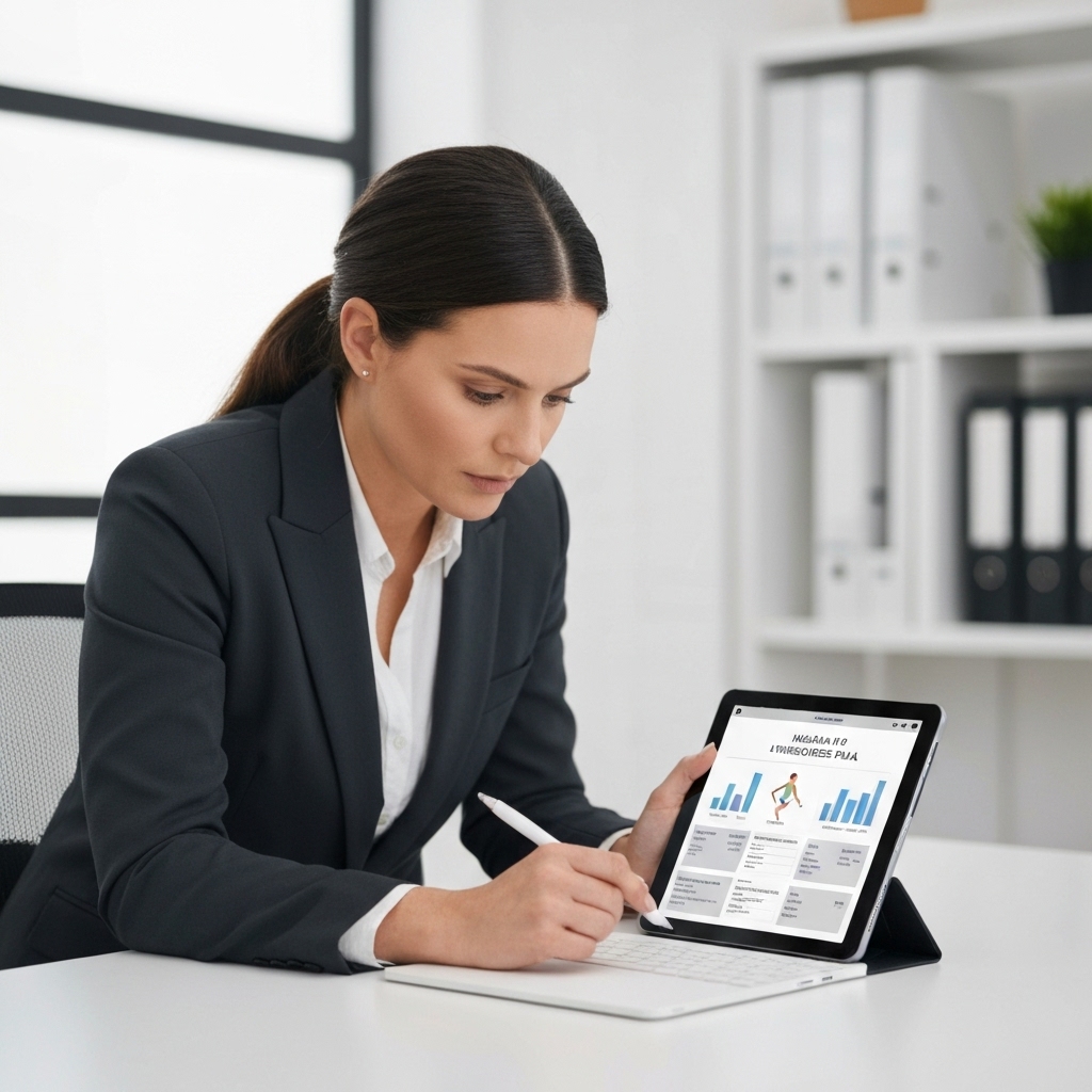 A determined professional in business attire looking at a healthy meal plan and a gym schedule on a tablet