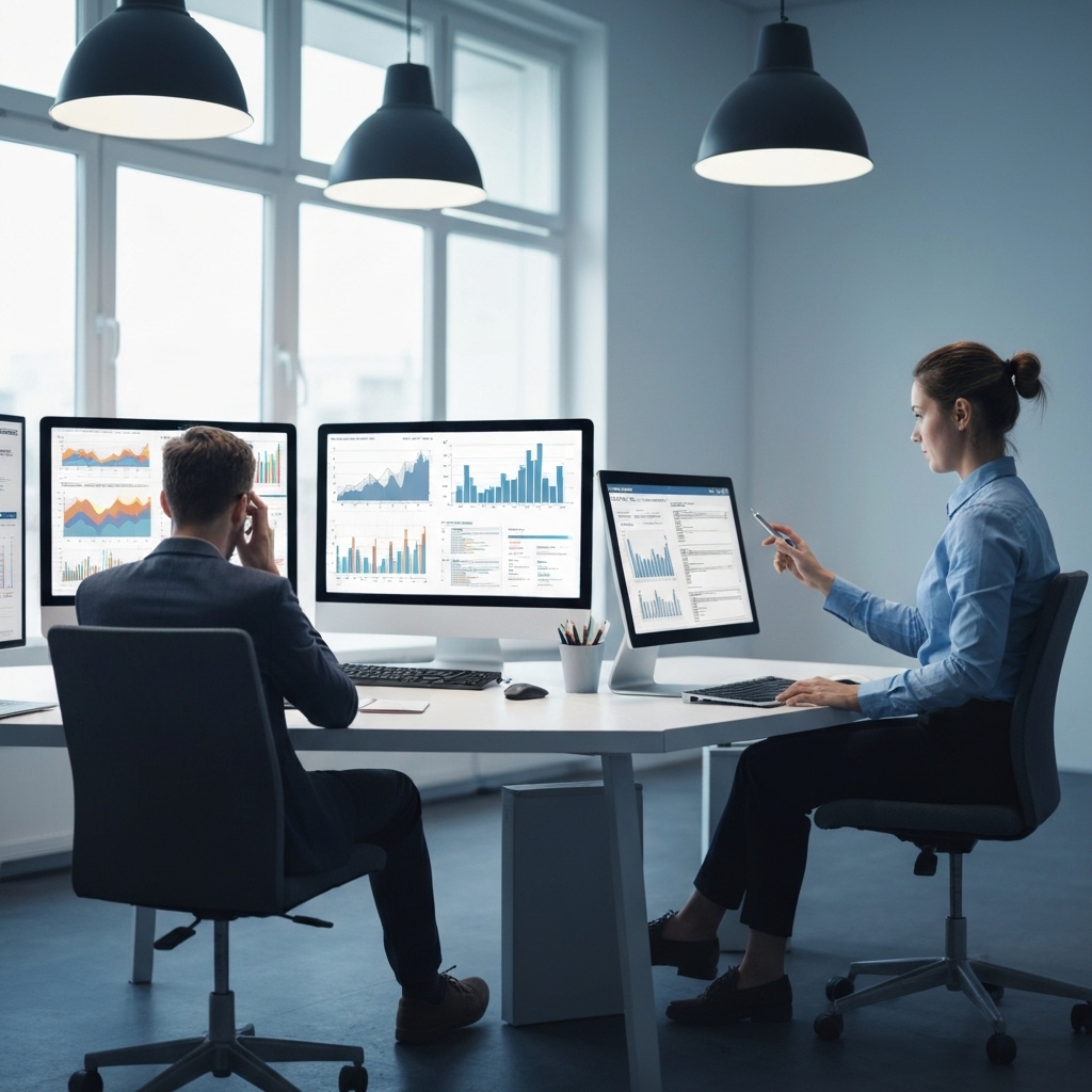 A stressed SEO consultant looking at multiple screens with overwhelming data versus a relaxed consultant using automation