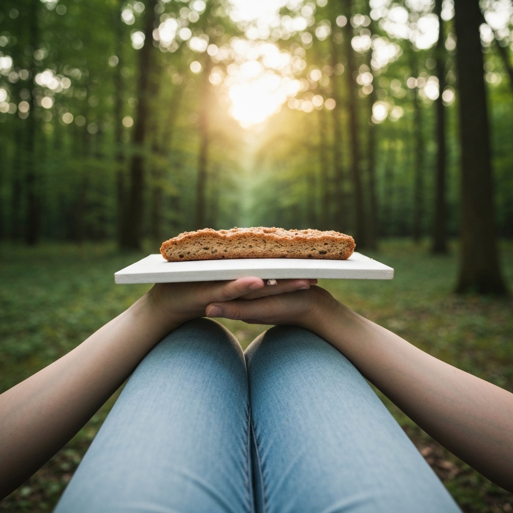 Close up of a person holding their chest with a soothing hand gesture in a natural, calm setting like a forest