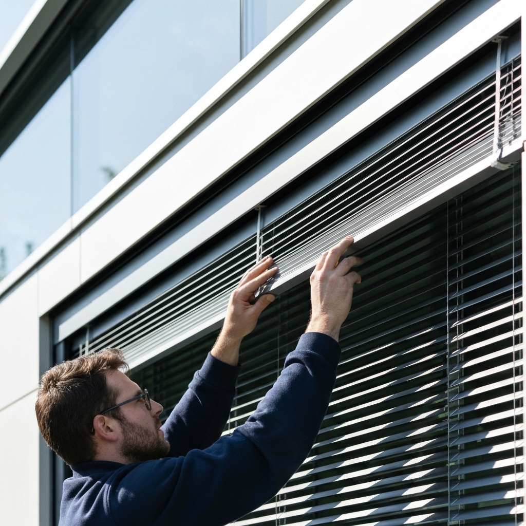 Close-up of a professional technician hands installing a modern grey zip screen blind on a swiss modern facade