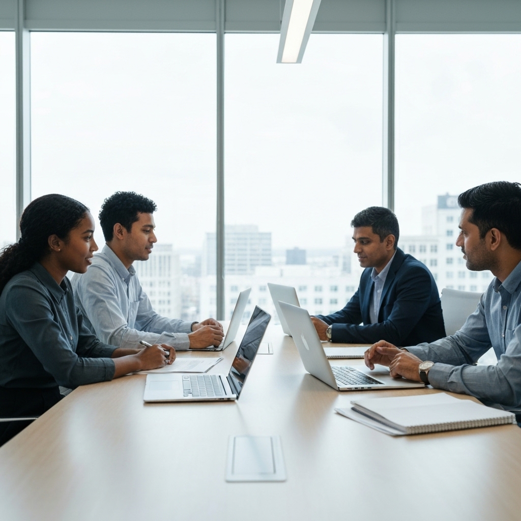 A busy digital agency office with team members discussing data on a large screen, highlighting the need for automation