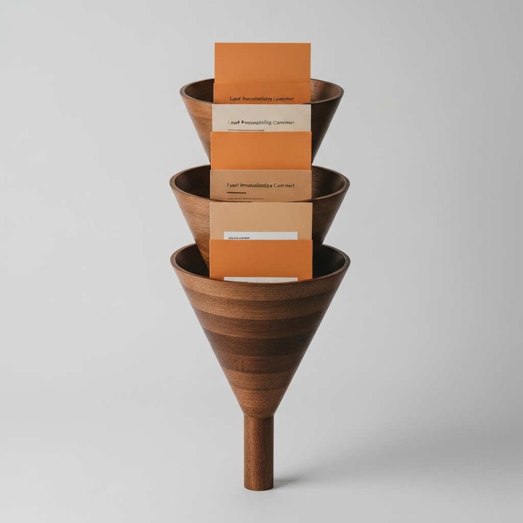 Conceptual image of a sales funnel being filled with personalized content pieces, representing lead nurturing