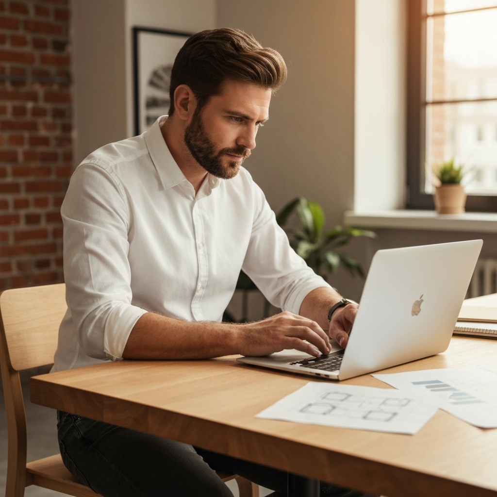 Founder working on a laptop in a modern cafe looking satisfied with speed of work
