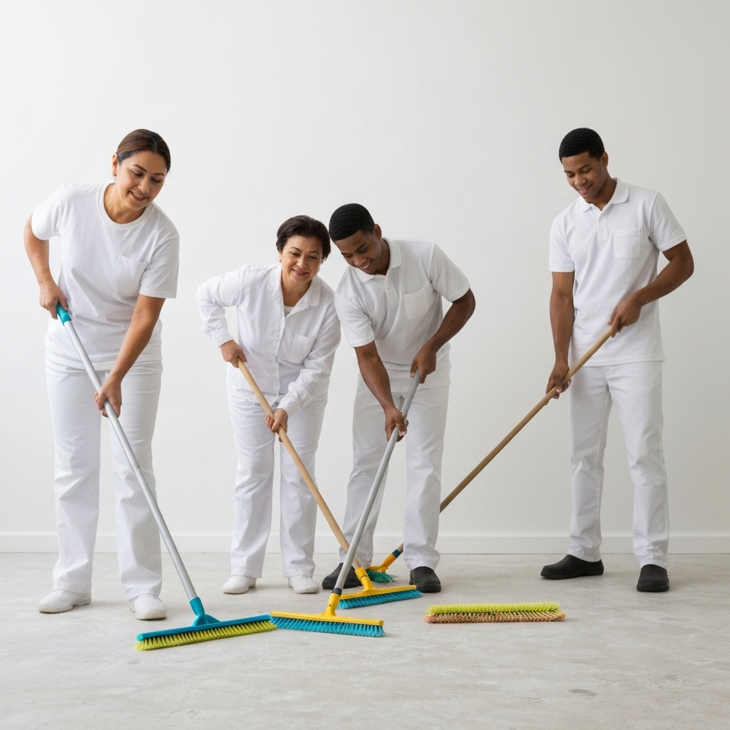 Equipe de nettoyage professionnel équipée nettoyant un sol après rénovation avec des outils spécialisés