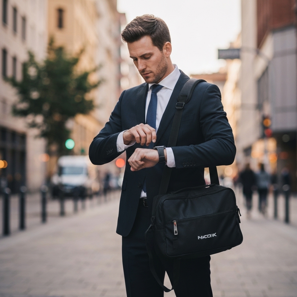 High quality photo of a focused businessman looking at his watch while holding a gym bag, representing the time constraint dilemma