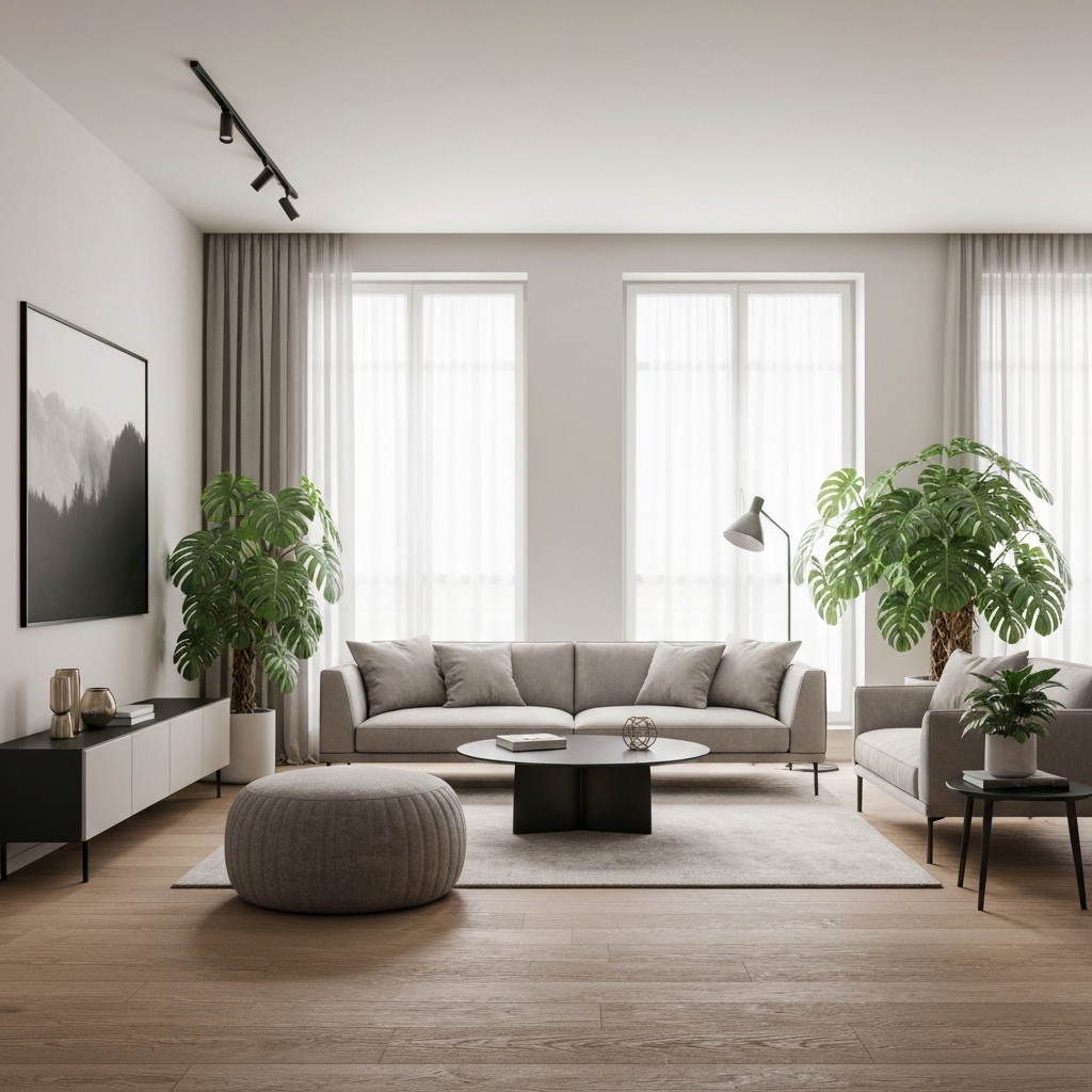Ultra-realistic modern swiss living room with lush indoor plants, monstera, designer furniture from ilovedesign, soft natural lighting, cozy atmosphere Ultra-realistic modern swiss living room with lush indoor plants, monstera, designer furniture from ilovedesign, soft natural lighting, cozy atmosphere