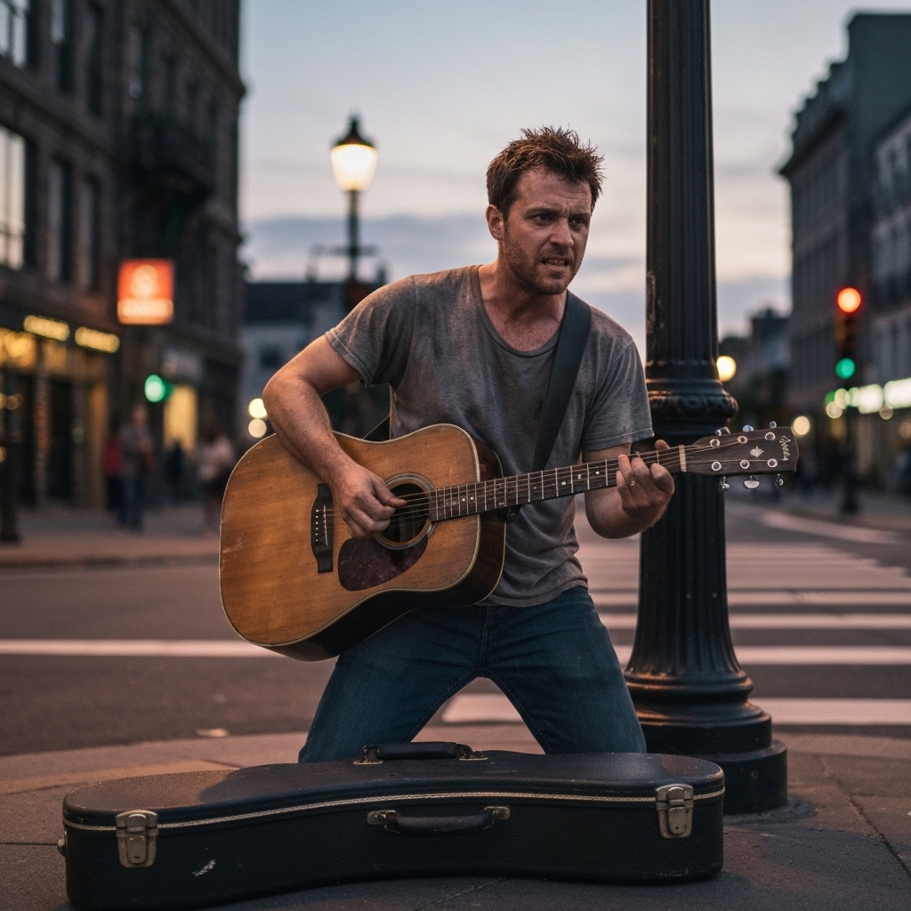 A street musician performing with a prominent QR code stand next to their guitar case, audience scanning with phones