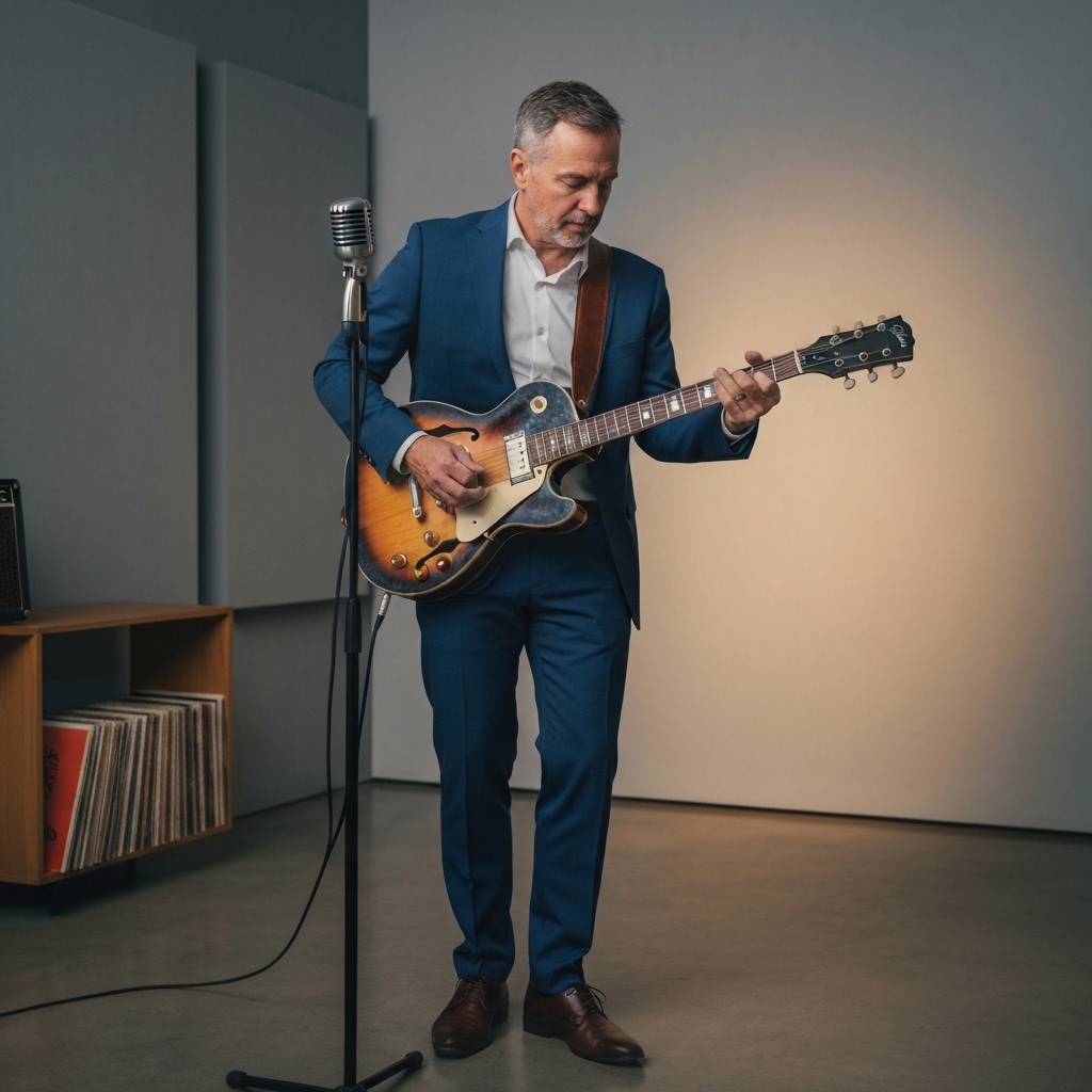 A musician sitting in a home studio setup broadcasting a livestream with a donation overlay on screen