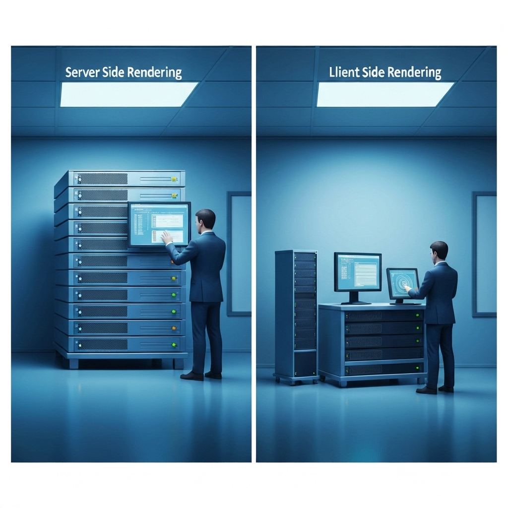 Visual diagram showing Server Side Rendering vs Client Side Rendering flow