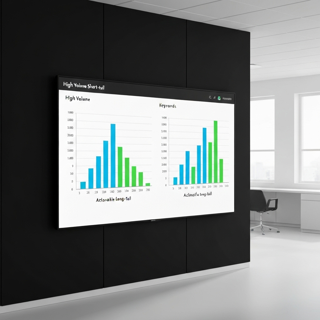 Data visualization contrasting high volume short tail keywords vs actionable long tail keywords