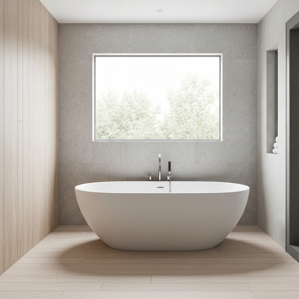 Modern luxurious bathroom with grey concrete walls and wood accents, soft lighting, high quality renovation