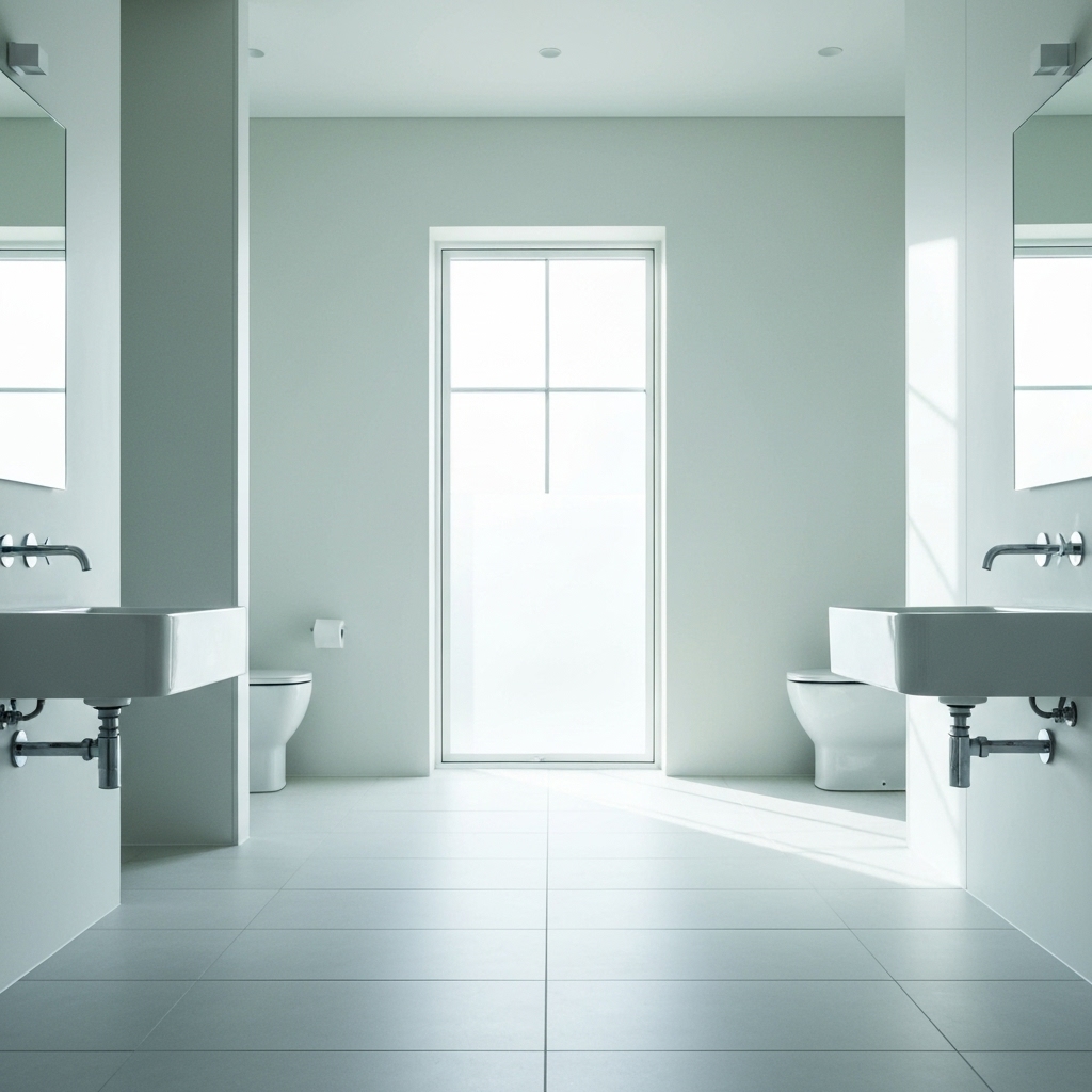Minimalist bathroom with beige concrete walls and seamless floor
