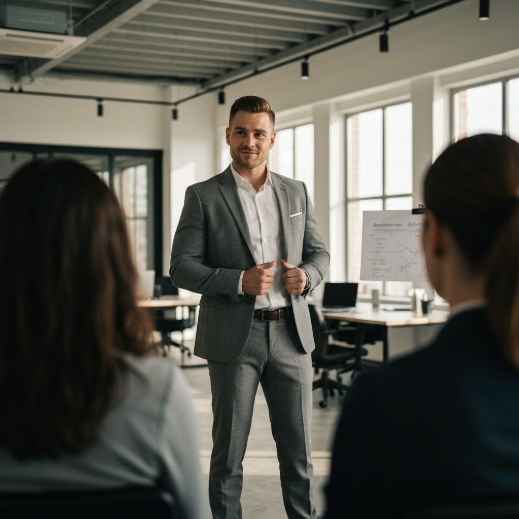 Professional man in business attire looking frustrated at a generic fitness app compared to a personalized plan