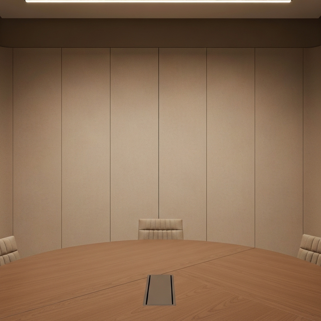 A meeting room with warm minimalist design, beige and mocha tones, rounded wooden table, textured walls A meeting room with warm minimalist design, beige and mocha tones, rounded wooden table, textured walls