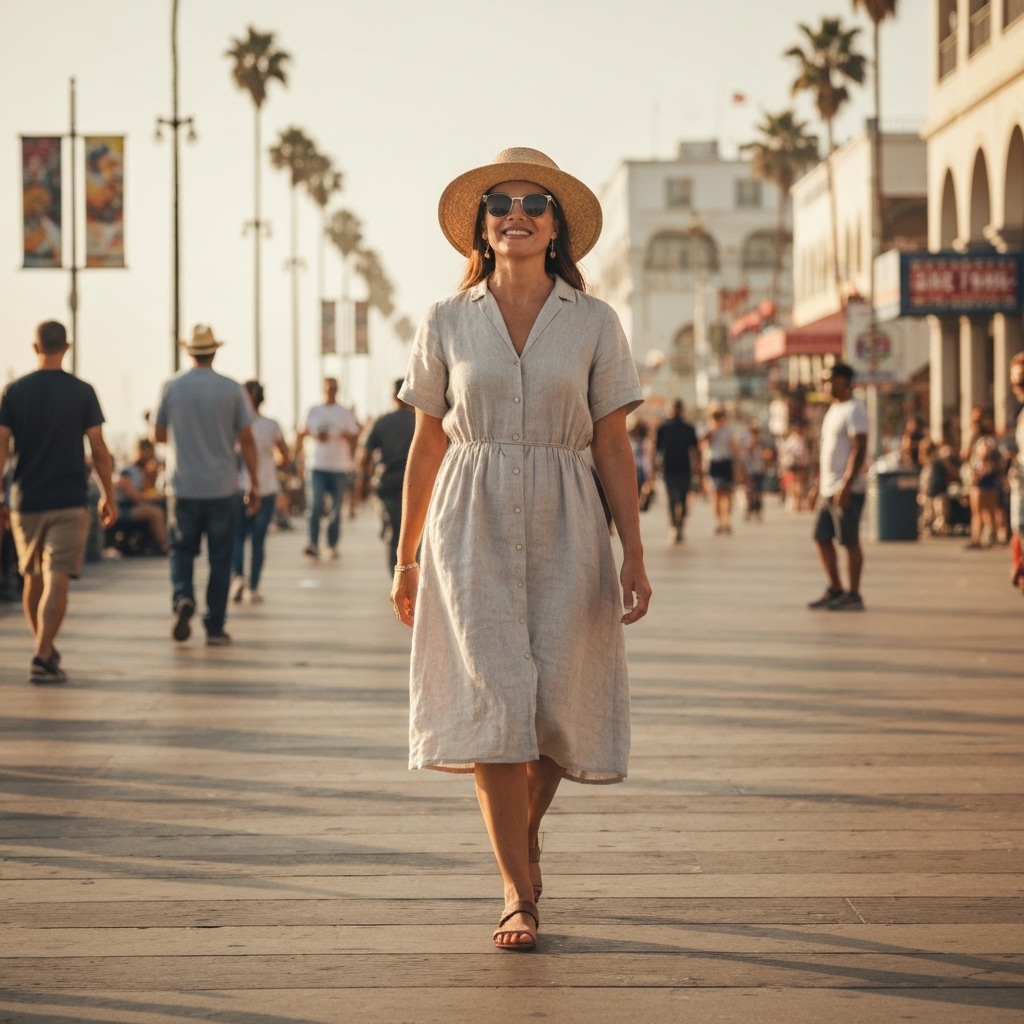 A woman walking on a sunny Venice Beach street wearing a relaxed linen outfit and sunglasses, embodying the California casual style