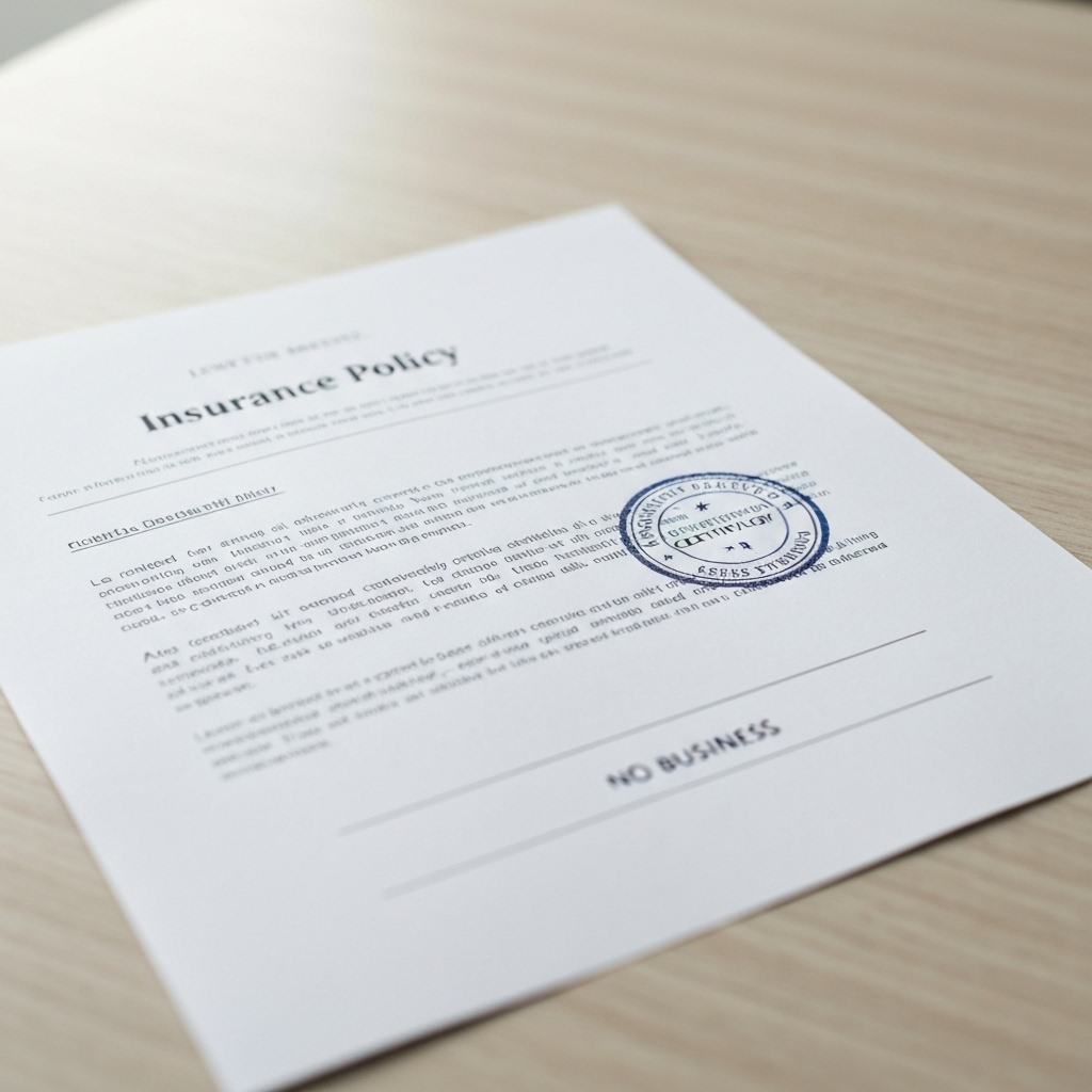 Close up of a document showing insurance policy and certification stamps for a construction company