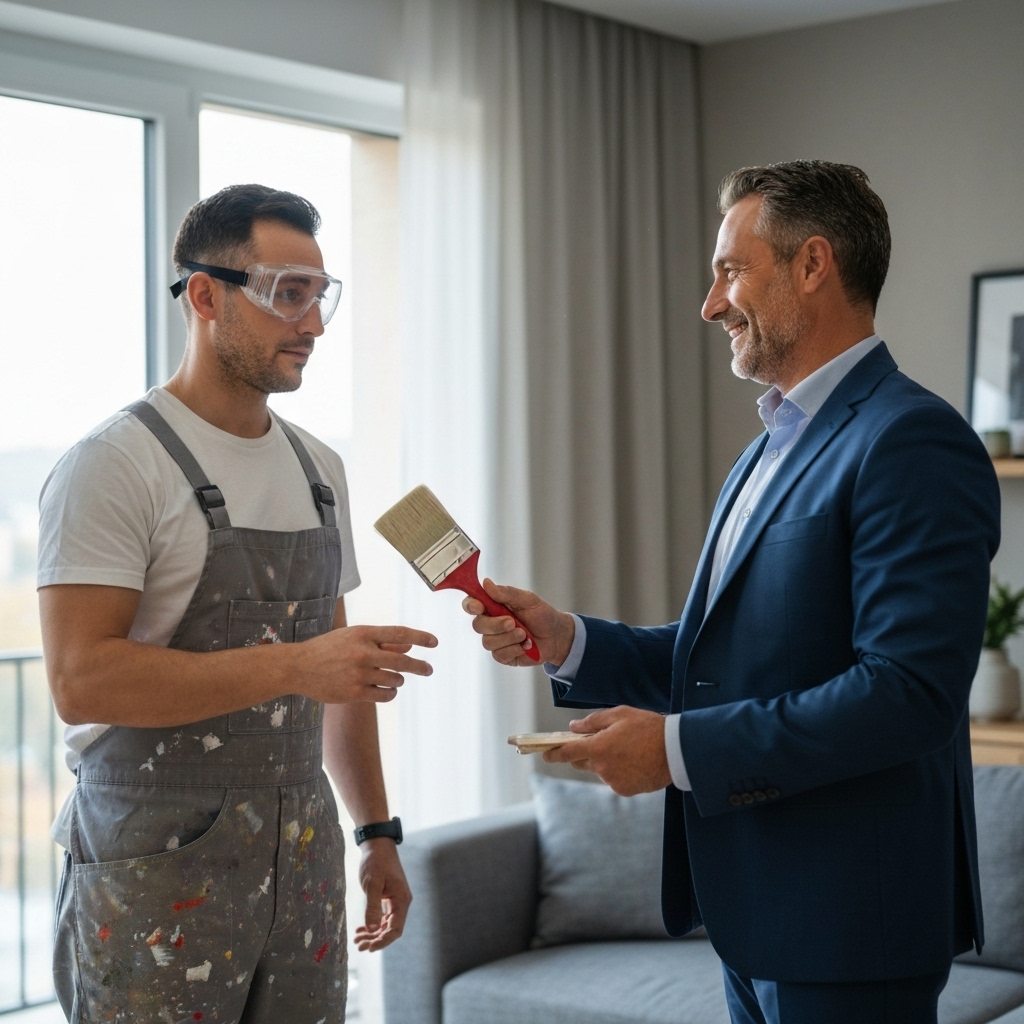 Professional painter shaking hands with a happy couple in a freshly painted living room, natural lighting, high quality