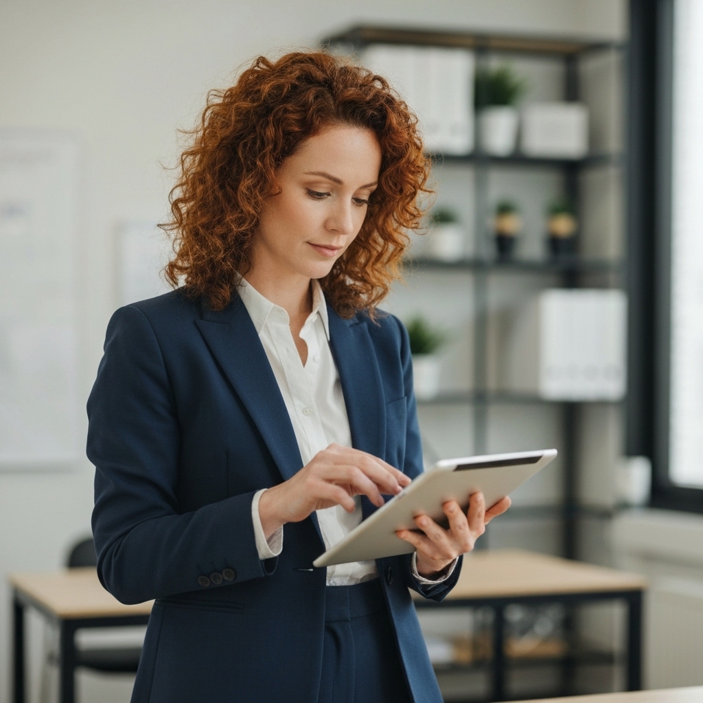 A professional marketer analyzing a website layout on a monitor with data charts in the background