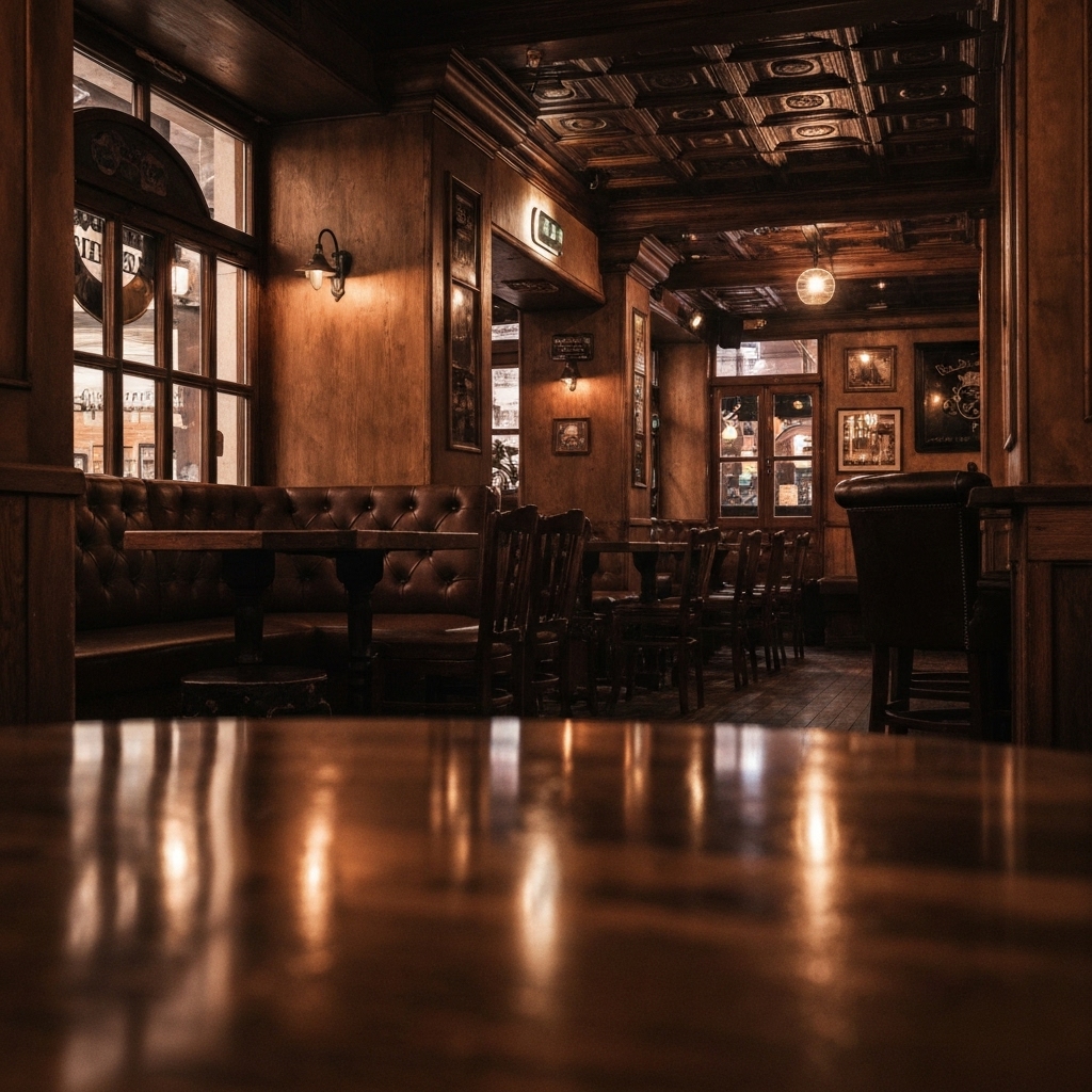 Ambiance chaleureuse d'un pub style biker avec éclairage tamisé et convivialité, style peinture réaliste