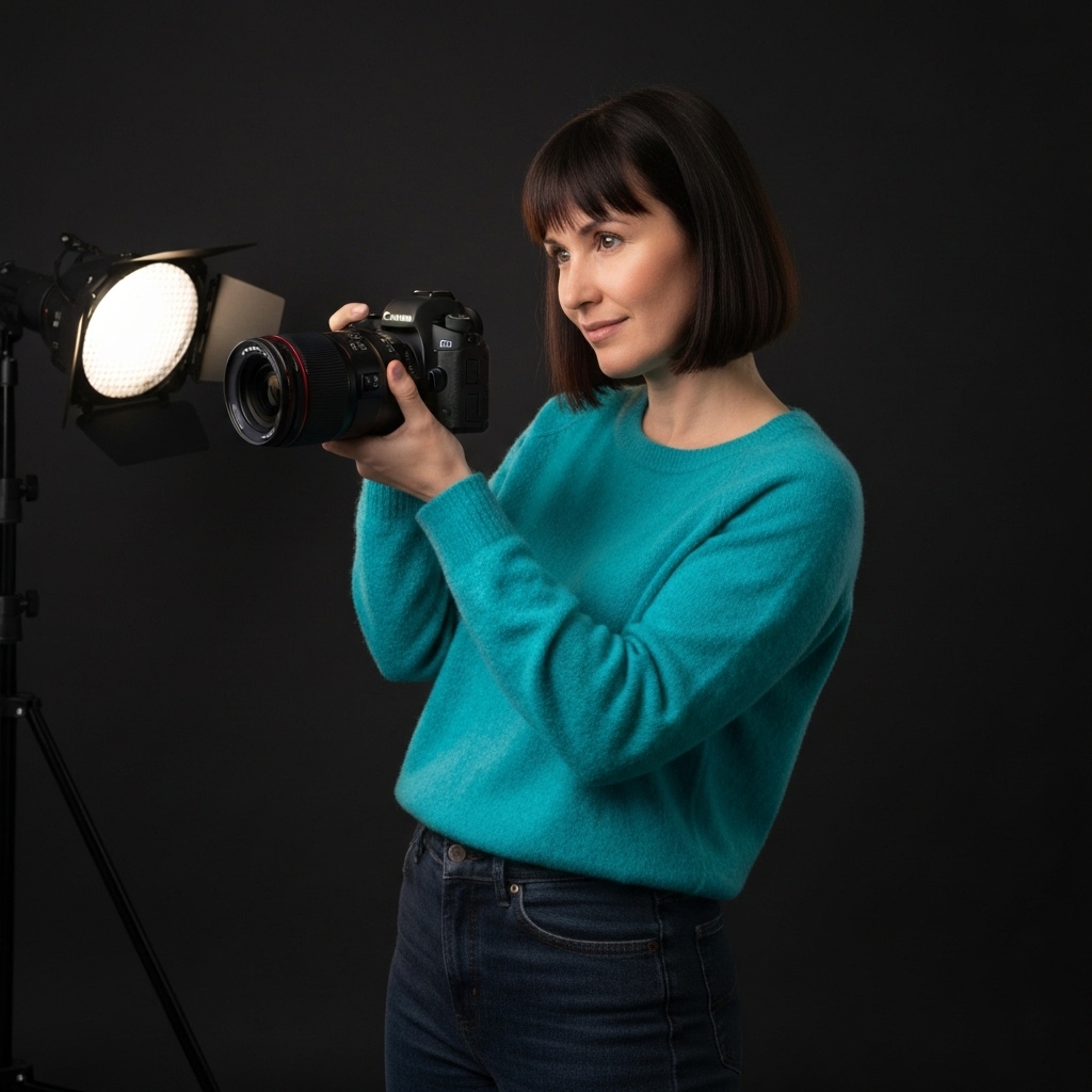 Professional photographer capturing a confident corporate portrait in a studio setting with soft lighting