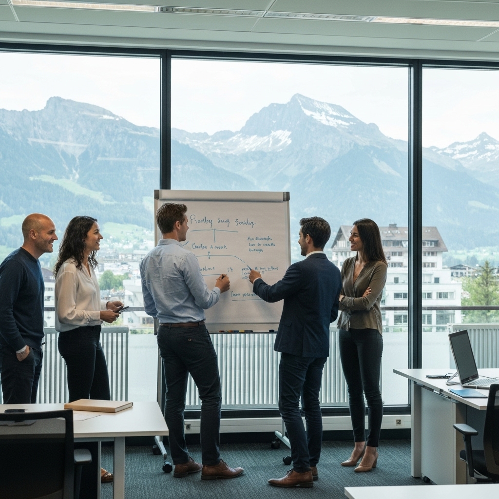 Equipe marketing et commerciale travaillant ensemble autour d'un tableau blanc dans un bureau moderne avec vue sur les montagnes suisses, style réaliste et professionnel