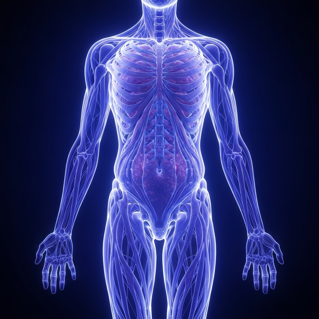 Illustration artistique et anatomique montrant le réseau des fascias comme une toile lumineuse connectant tout le corps humain de la tête aux pieds