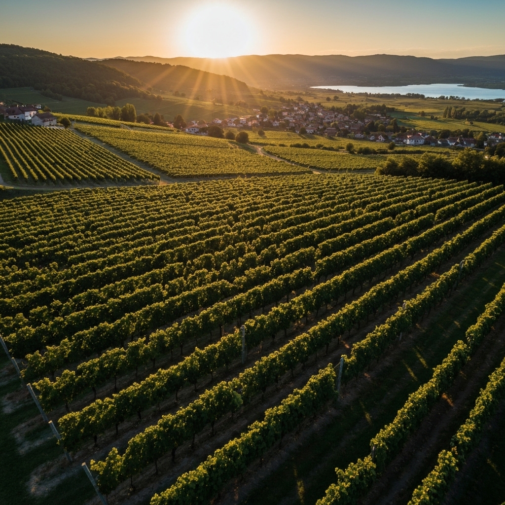 Vue panoramique sur les vignobles du Domaine Z et le lac Léman en arrière-plan