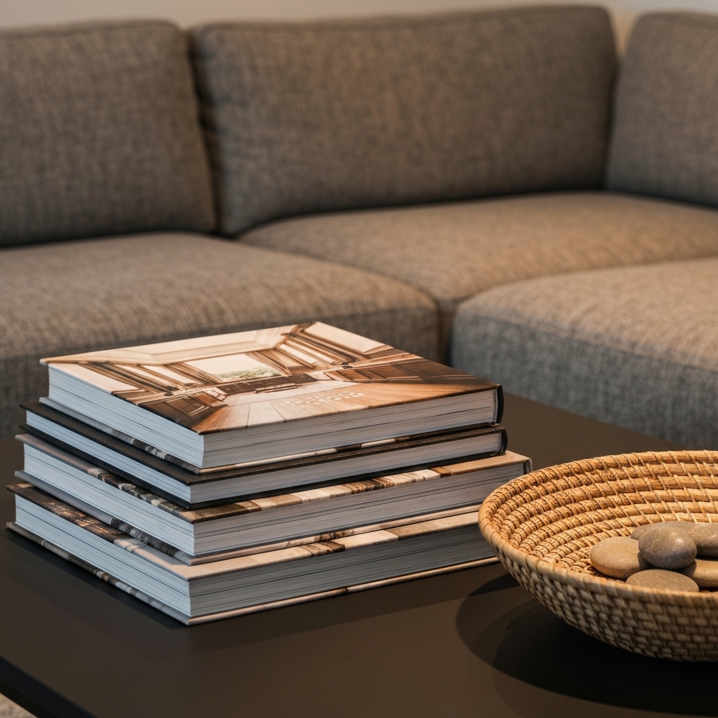 A tastefully arranged coffee table in a modern Swiss living room featuring a stack of high-end interior design books, warm lighting, and a textured sofa