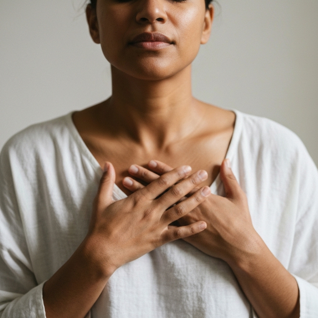 Close up of a calm person putting hands on chest, breathing deeply in a natural environment, conveying peace and grounding
