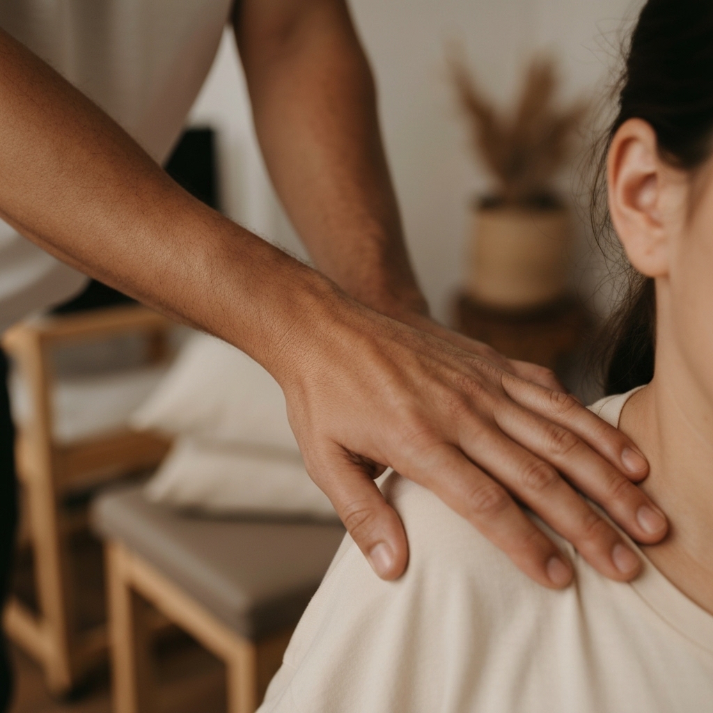 Therapist hands gently supporting a patient's shoulder during a somatic session