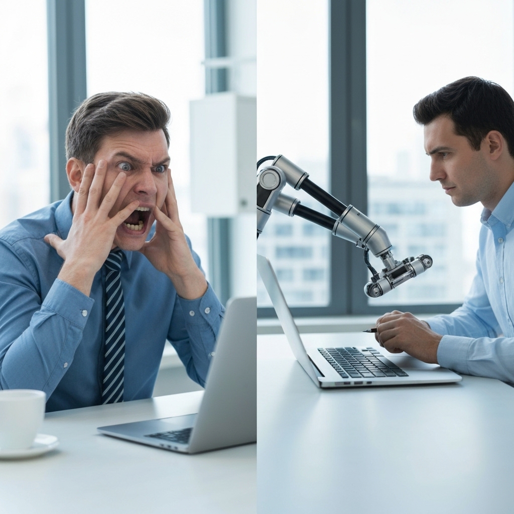 Side by side comparison of a stressed seo specialist with piles of paper vs a relaxed person watching a robot work on a laptop screen