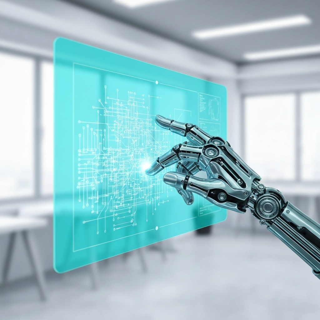 A futuristic digital workspace showing an AI agent building a website interface on a holographic screen