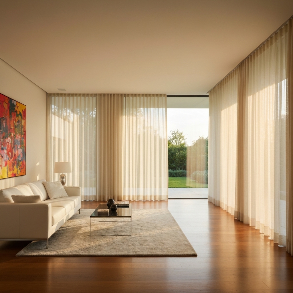 Salon moderne lumineux avec des stores électriques gris anthracite filtrant la lumière du soleil, ambiance cosy et technologique