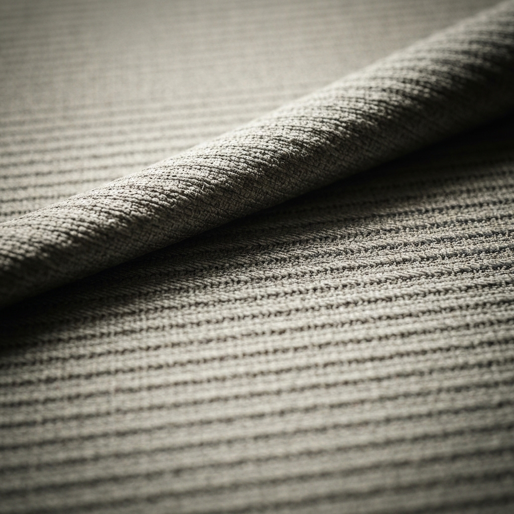 Gros plan sur un tissu de store technique haut de gamme montrant la texture et la qualité du tissage