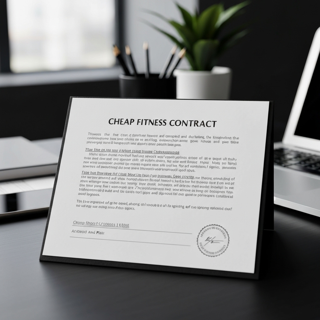 Detailed shot of a cheap fitness contract with hidden clauses blurred in the background.