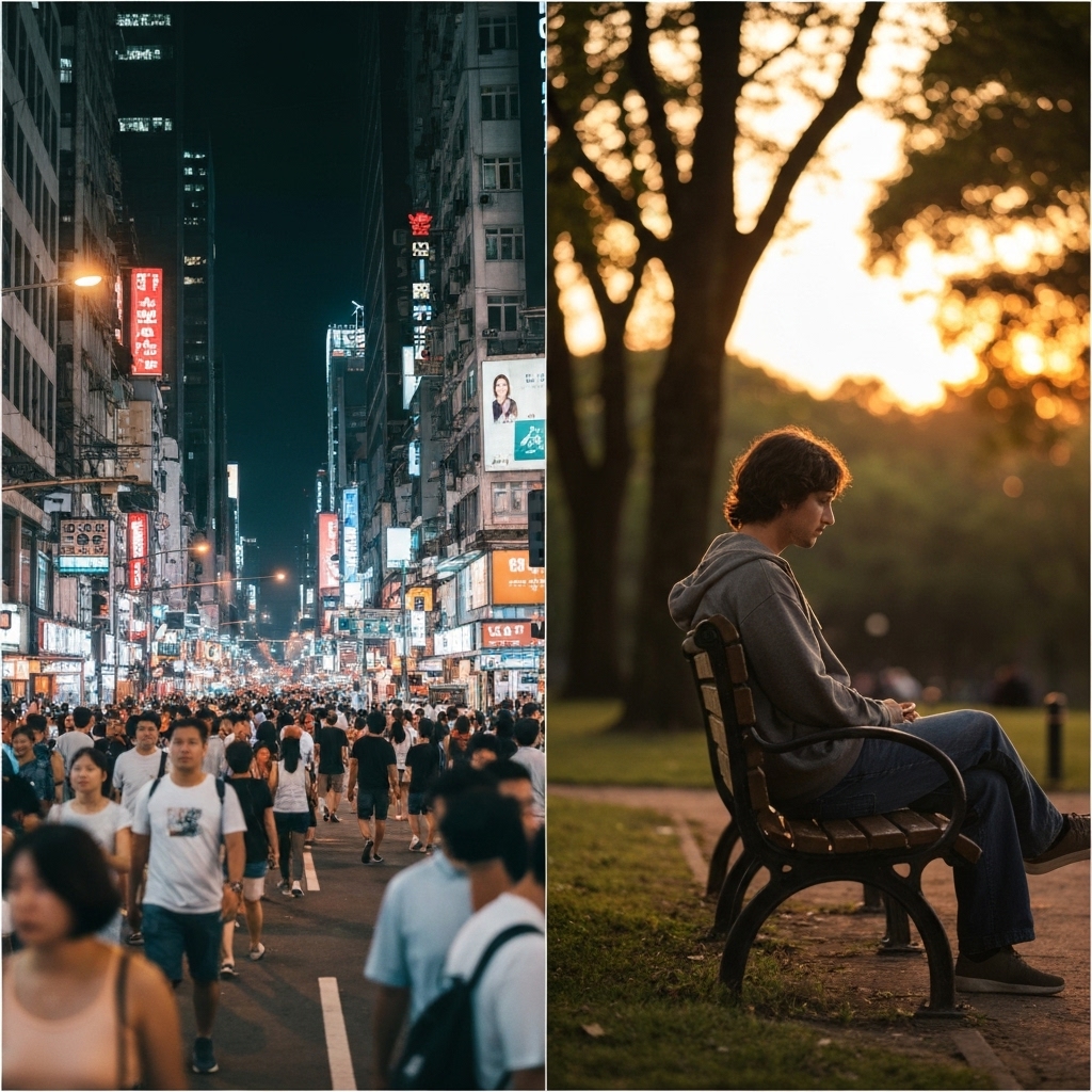 A split image showing a chaotic, crowded public gym on the left and a serene, private focused coaching session on the right.