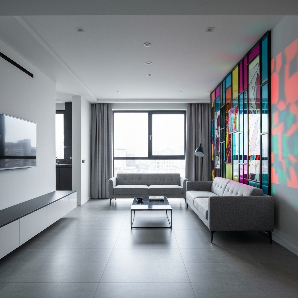 Modern minimalist living room featuring a geometric stained glass partition projecting colorful light onto a contemporary sofa Modern minimalist living room featuring a geometric stained glass partition projecting colorful light onto a contemporary sofa