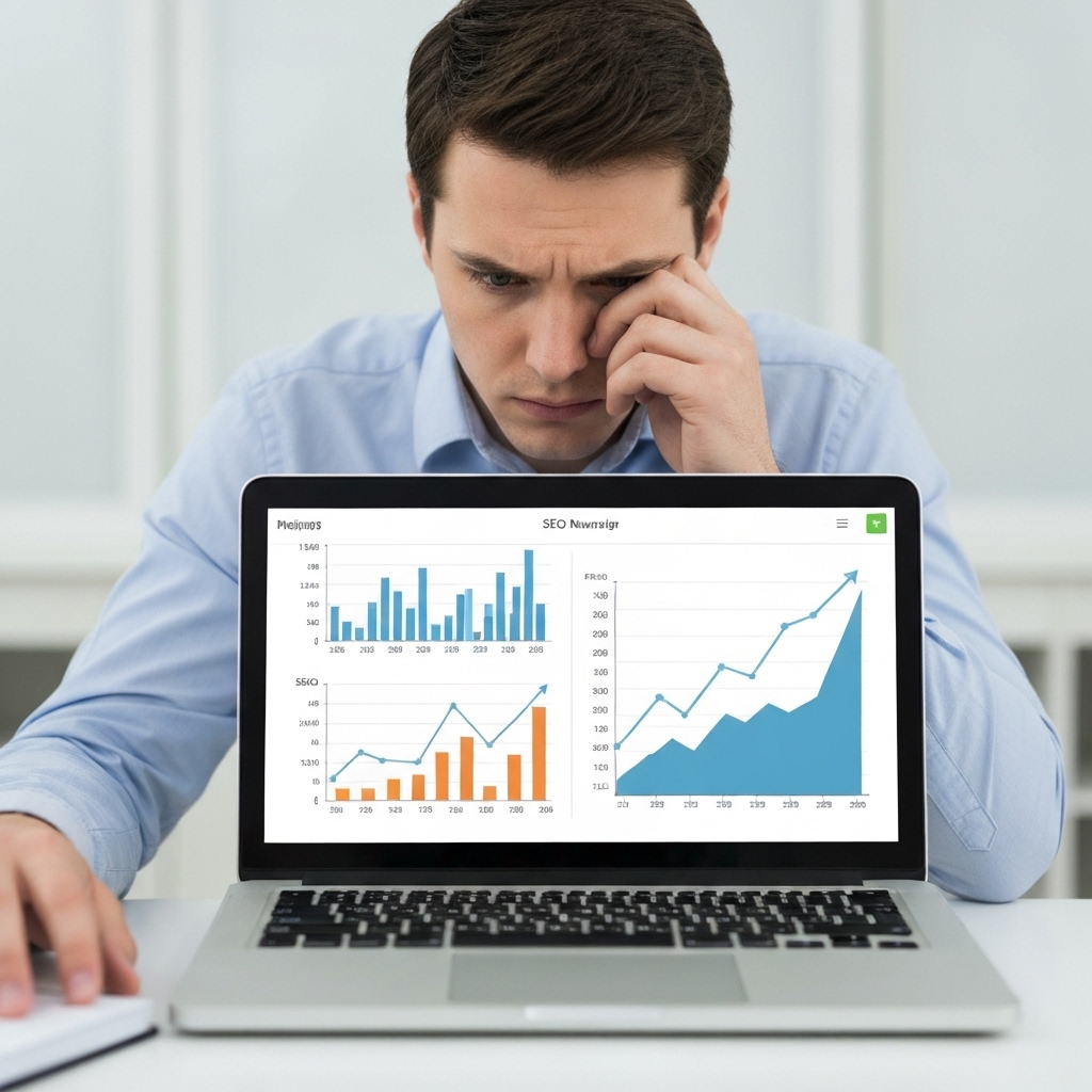 A frustrated marketing manager looking at a laptop screen displaying stagnant SEO analytics charts vs a growing line graph